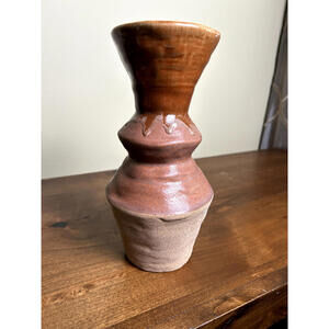 Studio Art Pottery Hourglass Vase 12"x10" (Brown Drip Glaze & Sand Finish Base)